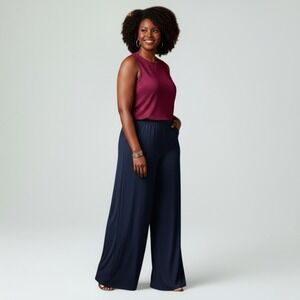 NWT New Directions Wide Leg Dressy Palazzo Pants L Navy Holiday Party Evening